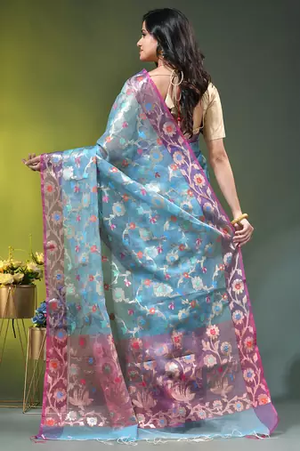 Sky blue floral zari woven organza saree