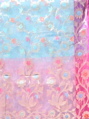 Sky blue floral zari woven organza saree 4