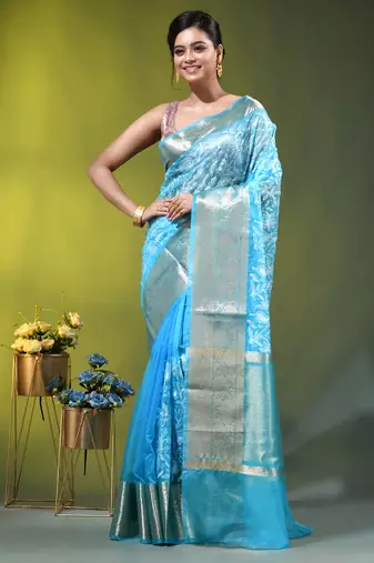 Elegant sky blue organza saree with white floral embroidery & rich golden zari border