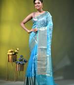 Elegant sky blue organza saree with white floral embroidery & rich golden zari border