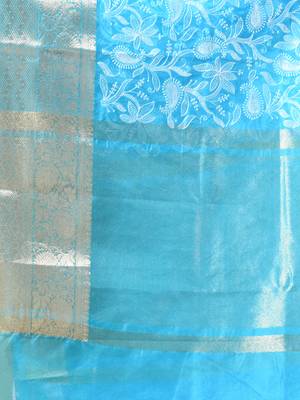 Elegant sky blue organza saree with white floral embroidery & rich golden zari border 4