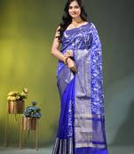 Elegant blue organza saree with white floral embroidery & rich golden zari border
