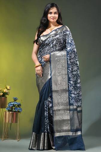 Elegant aegean blue saree with white floral embroidery & rich golden zari border