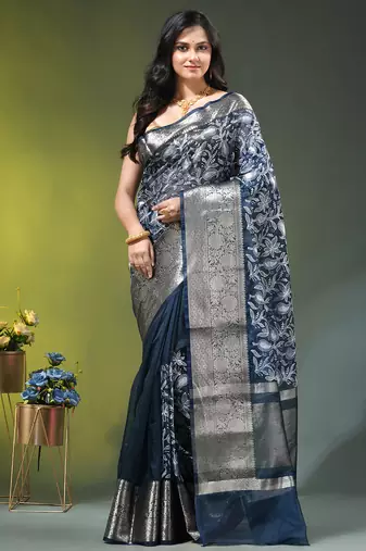 Elegant aegean blue saree with white floral embroidery & rich golden zari border