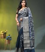 Elegant aegean blue saree with white floral embroidery & rich golden zari border