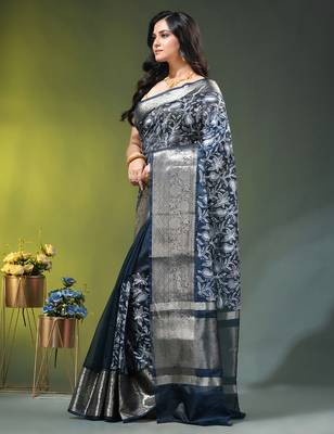 Elegant aegean blue saree with white floral embroidery & rich golden zari border 2