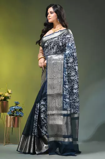 Elegant aegean blue saree with white floral embroidery & rich golden zari border