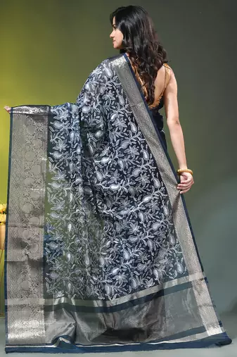 Elegant aegean blue saree with white floral embroidery & rich golden zari border