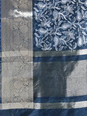 Elegant aegean blue saree with white floral embroidery & rich golden zari border 4