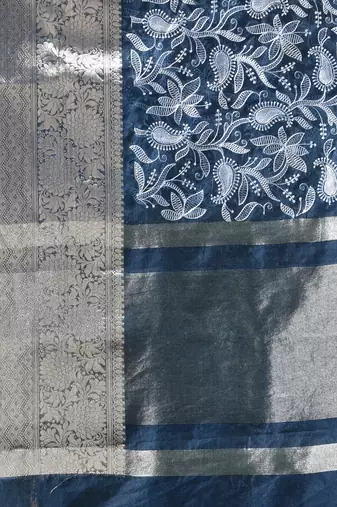 Elegant aegean blue saree with white floral embroidery & rich golden zari border