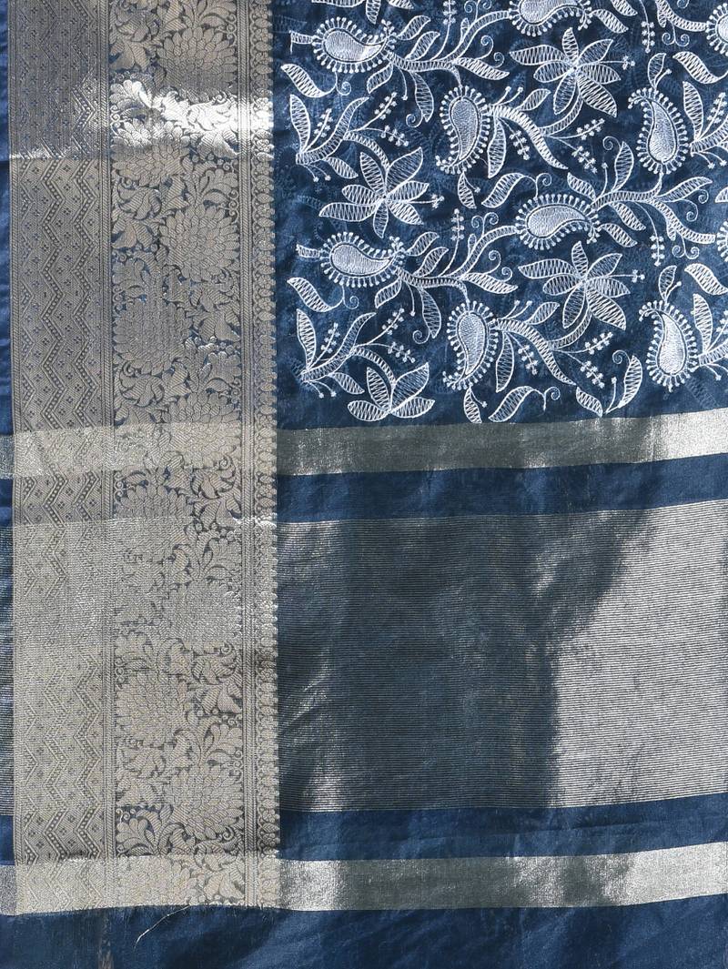 Elegant aegean blue saree with white floral embroidery & rich golden zari border