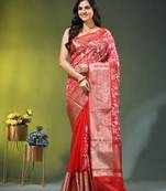 Elegant red saree with white floral embroidery & rich golden zari border