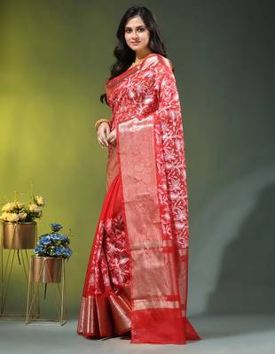 Elegant red saree with white floral embroidery & rich golden zari border 2