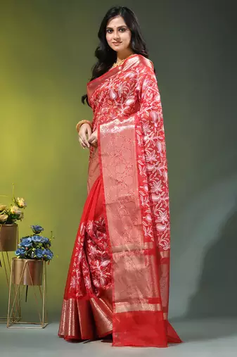 Elegant red saree with white floral embroidery & rich golden zari border