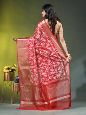 Elegant red saree with white floral embroidery & rich golden zari border 3