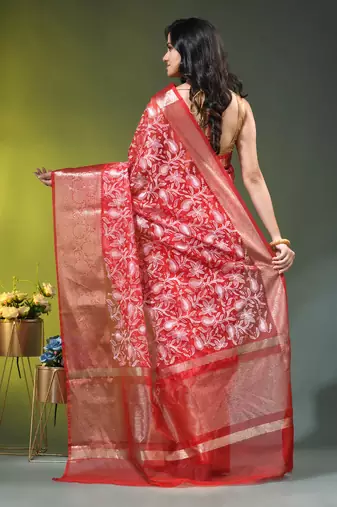 Elegant red saree with white floral embroidery & rich golden zari border