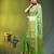 Elegant green organza saree with white floral embroidery & rich golden zari border