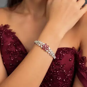 Silver Plated Floral Bangle Bracelet with Pink Cubic Zirconia and American Diamonds 1