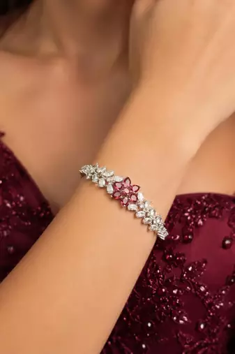 Silver Plated Floral Bangle Bracelet with Pink Cubic Zirconia and American Diamonds