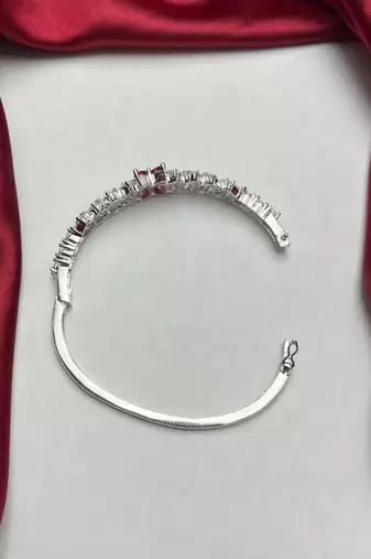 Silver Plated Floral Bangle Bracelet with Pink Cubic Zirconia and American Diamonds