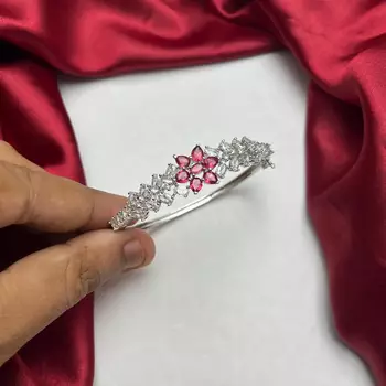 Silver Plated Floral Bangle Bracelet with Pink Cubic Zirconia and American Diamonds 3