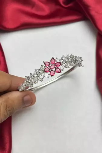 Silver Plated Floral Bangle Bracelet with Pink Cubic Zirconia and American Diamonds