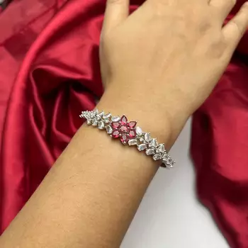 Silver Plated Floral Bangle Bracelet with Pink Cubic Zirconia and American Diamonds 4