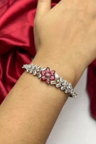 Silver Plated Floral Bangle Bracelet with Pink Cubic Zirconia and American Diamonds