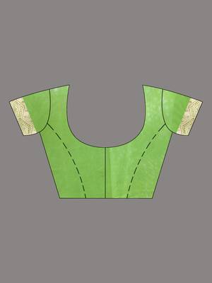 Elegant green organza saree with white floral embroidery & rich golden zari border 5
