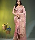 Elegant peach organza saree with white floral embroidery & rich golden zari border