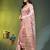 Elegant peach organza saree with white floral embroidery & rich golden zari border