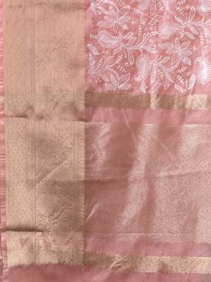 Elegant peach organza saree with white floral embroidery & rich golden zari border 4