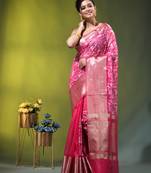 Elegant pink organza saree with white floral embroidery & rich golden zari border