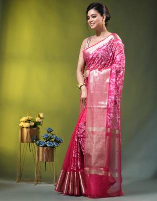 Elegant pink organza saree with white floral embroidery & rich golden zari border 2