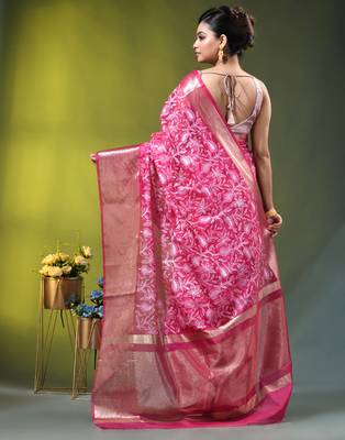 Elegant pink organza saree with white floral embroidery & rich golden zari border 3
