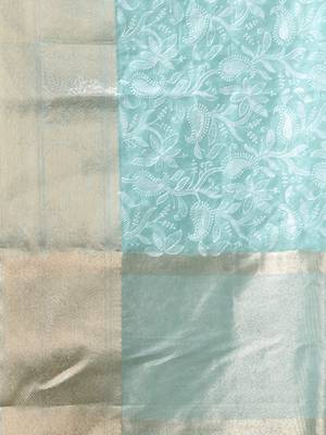 Elegant mint green organza saree with white floral embroidery & rich golden zari border 4