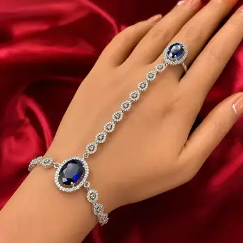 Royal Blue Sapphire Hathphool Hand Harness Bracelet, Silver Bridal Boho Wedding Jewelry 1