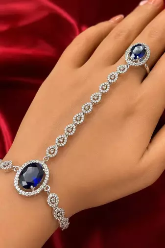 Royal Blue Sapphire Hathphool Hand Harness Bracelet, Silver Bridal Boho Wedding Jewelry