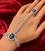 Royal Blue Sapphire Hathphool Hand Harness Bracelet, Silver Bridal Boho Wedding Jewelry