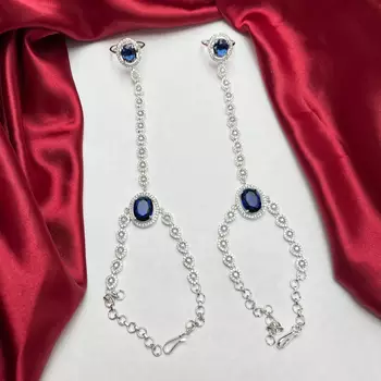 Royal Blue Sapphire Hathphool Hand Harness Bracelet, Silver Bridal Boho Wedding Jewelry 2