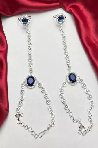 Royal Blue Sapphire Hathphool Hand Harness Bracelet, Silver Bridal Boho Wedding Jewelry