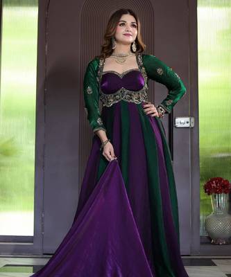 Designer green & purple anarkali gown with dupatta for women 1