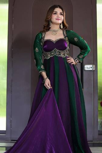 Designer green & purple anarkali gown with dupatta for women