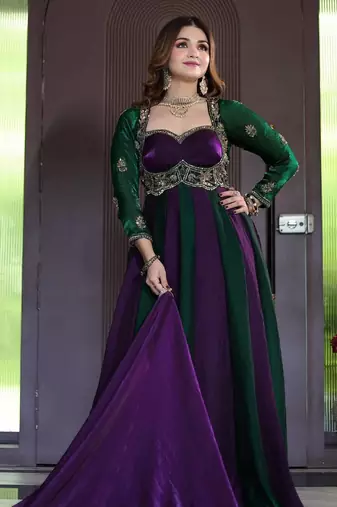 Designer green & purple anarkali gown with dupatta for women