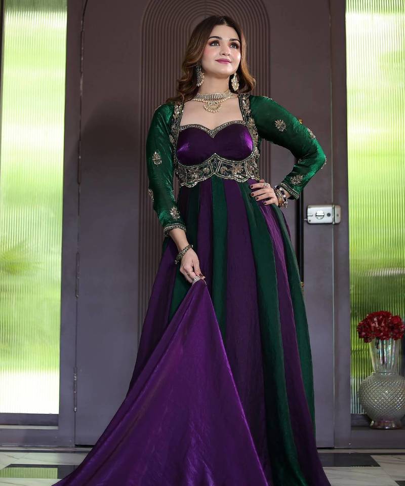 Designer green & purple anarkali gown with dupatta for women