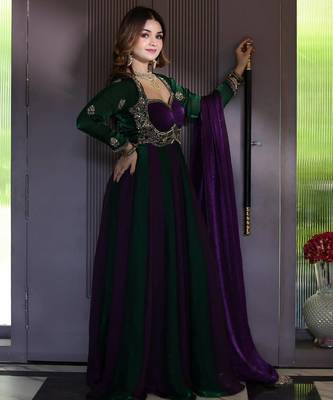Designer green & purple anarkali gown with dupatta for women 2
