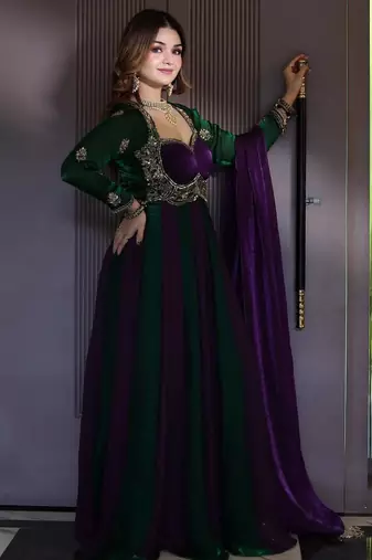 Designer green & purple anarkali gown with dupatta for women