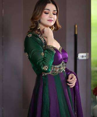 Designer green & purple anarkali gown with dupatta for women 3
