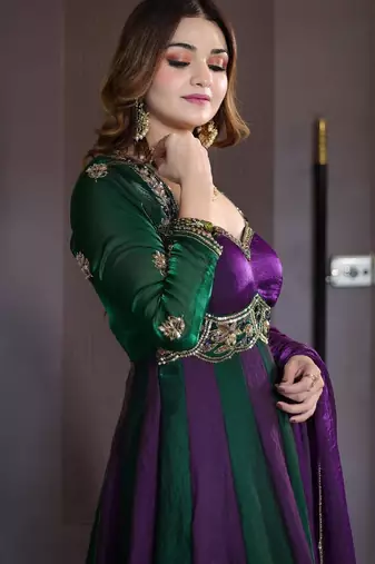Designer green & purple anarkali gown with dupatta for women