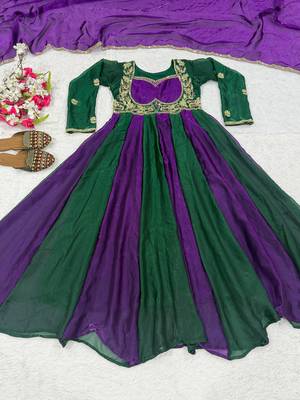 Designer green & purple anarkali gown with dupatta for women 4